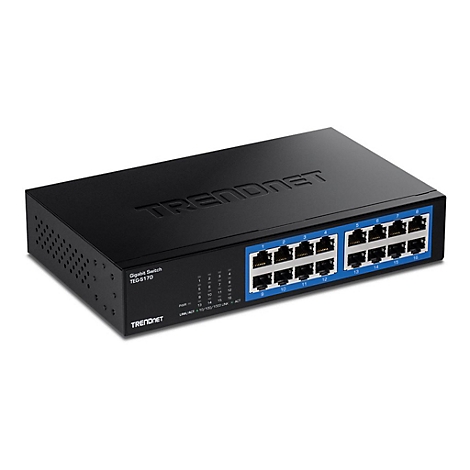 Schwarzer TRENDnet Gigabit Switch TEG-S17D mit 16 Ports vor weißem Hintergrund.
