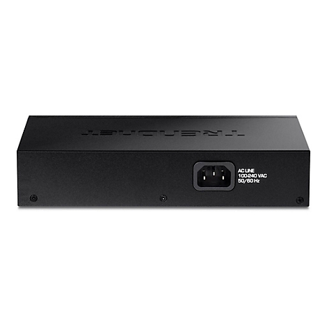 Rückansicht eines schwarzen Netzwerk-Switches von TRENDnet mit Stromanschluss und technischen Spezifikationen.
