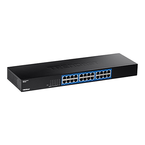 Schwarzer TRENDnet Gigabit Switch mit 24 Ports vor weißem Hintergrund.