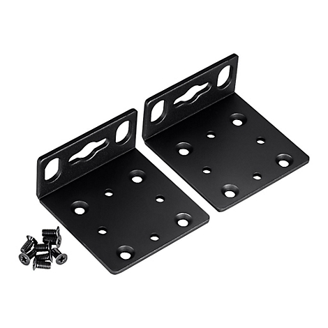 Zwei schwarze L-förmige Metall-Montagewinkel mit Schrauben auf weißem Grund.