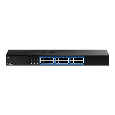 Schwarzer 24-Port Gigabit Switch von TRENDnet vor weißem Hintergrund.