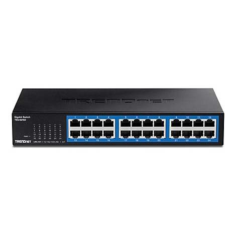 Schwarzer TRENDnet Gigabit Switch TEG-S25D mit 24 Anschlüssen auf weißem Hintergrund.