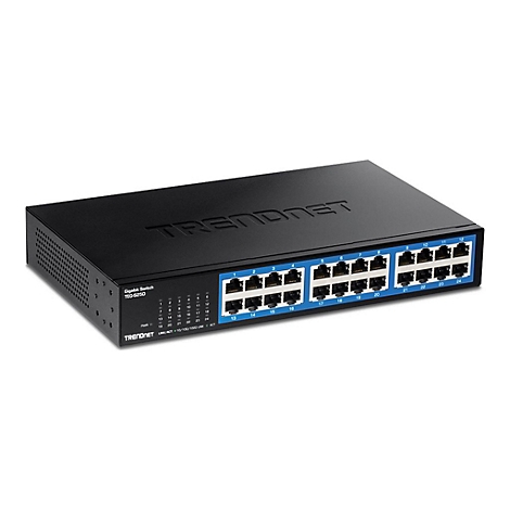 Schwarzer 24-Port Gigabit-Switch von Trendnet auf weißem Hintergrund.