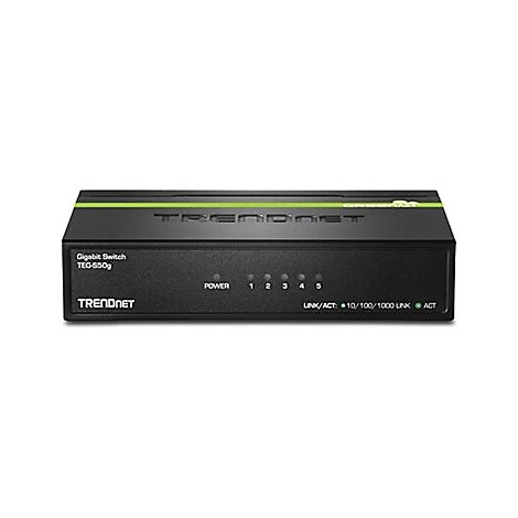 Schwarzer TRENDnet Gigabit Switch TEG-S50g mit fünf Port-Anzeigen und grünem Streifen auf der Oberseite.