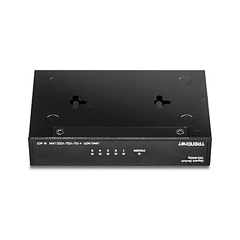 Schwarzer TRENDnet Gigabit Switch TEG-S5g mit fünf Anschlüssen, von oben auf die Montagevorrichtung betrachtet.
