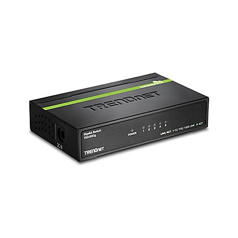 Schwarzer Trendnet Gigabit Switch TEG-S5g mit grünem Zierstreifen auf weißem Hintergrund.