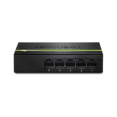 Schwarzer 5-Port-Netzwerk-Switch von TRENDnet mit grünem Akzentstreifen vor weißem Hintergrund.