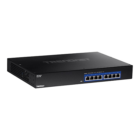 Schwarzer 10G-Switch von TRENDnet mit acht LAN-Ports, schräg von vorne vor weißem Hintergrund aufgenommen.