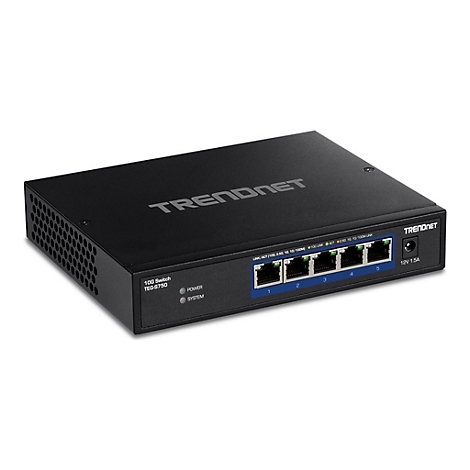 Schwarzer 5-Port 10G-Netzwerk-Switch von TRENDnet vor weißem Hintergrund.