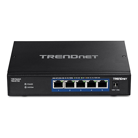 Schwarzer TRENDnet 5-Port 10G Switch mit Netzteilanschluss und Status-LEDs auf weißem Hintergrund.
