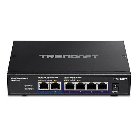 Schwarzer TRENDnet Multi-Gigabit-Switch TEG-S762 mit 6 Netzwerkanschlüssen vor weißem Hintergrund.