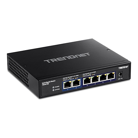 Schwarzer TRENDnet Multi-Gigabit Switch TEG-S762 mit 6 Netzwerkanschlüssen auf weißem Hintergrund.