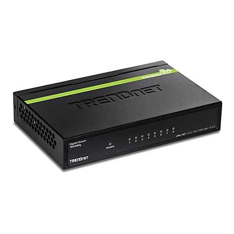 Schwarzer TRENDnet Gigabit Switch TEG-S80g mit acht Anschlüssen und grüner Markierung.