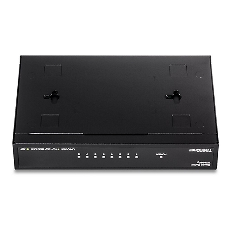 Schwarzer TRENDnet Gigabit Switch TEG-S80g von oben, mit LED-Anzeigen und Wandmontageöffnungen.
