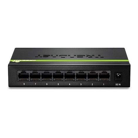 Schwarzer Trendnet GreenNet 8-Port Switch mit acht nummerierten Ethernet-Anschlüssen und Stromeingang.