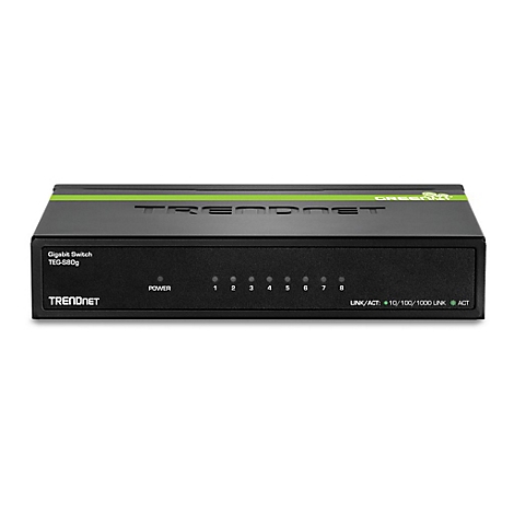 Schwarzer TRENDnet Gigabit Switch TEG-S80g mit acht Port-LEDs und einem Power-Licht auf weißem Hintergrund.