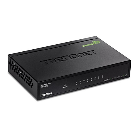 Ein schwarzer Gigabit-Switch TRENDnet TEG-S80g auf weiÃŸem Hintergrund. Auf der Oberseite steht TRENDnet und greenIT. Auf der Vorderseite sind AnschlÃ¼sse und Anzeigen.