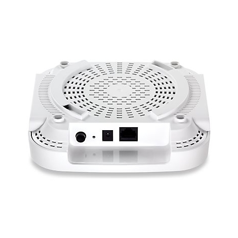 Die Unterseite eines weiÃŸen Routers. Sichtbar sind AnschlÃ¼sse und BelÃ¼ftungsschlitze. Abgerundete Form, modernes Design.