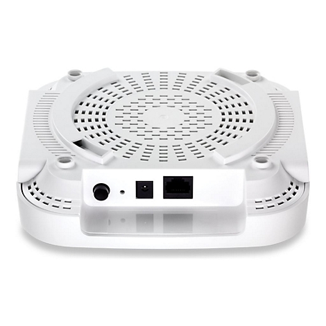 Draufsicht auf einen weiÃŸen Access Point. Oben eine perforierte FlÃ¤che. Unterhalb von AnschlÃ¼ssen fÃ¼r Strom, einen Reset-Knopf und Netzwerkanschluss.