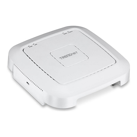 WeiÃŸer, quadratischer WLAN-Access-Point von Trendnet. Auf der Oberseite befindet sich das Firmenlogo und ein paar LÃ¤mpchen.