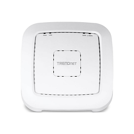 Drahtloser Access Point. WeiÃŸes quadratisches GehÃ¤use, TRENDnet Logo mittig. LED-Anzeigen: PWR, LAN, 5GHz, 2.4GHz.