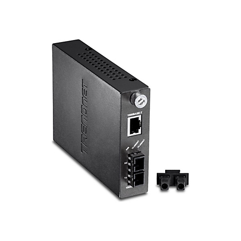 Schwarzer TRENDnet Glasfaser-Konverter vor weißem Hintergrund mit RJ45- und SFP-Anschlüssen.