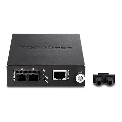 Schwarzer TRENDnet Medienkonverter mit RJ45- und LWL-Anschlüssen vor weißem Hintergrund.