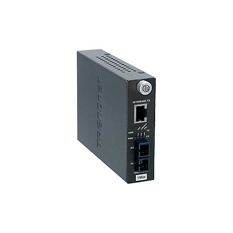 Grauer TRENDnet-Medienkonverter mit RJ45-Port, Glasfaseranschluss und Status-LEDs auf weißem Grund.