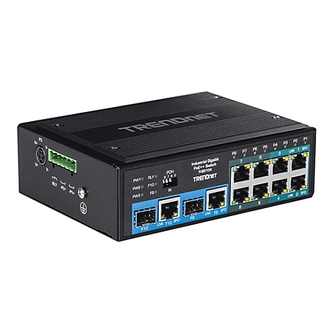 Schwarzer TRENDnet Industrial Gigabit PoE++ Switch TI-BG104 vor weißem Hintergrund.