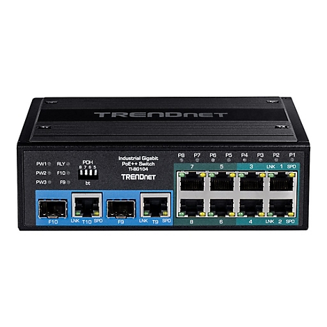 Schwarzer Industrial Gigabit PoE++ Switch von TRENDnet mit acht Ethernet- und zwei SFP-Anschlüssen.