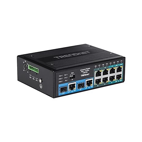 Schwarzer Netzwerk-Switch mit Ports und AnschlÃ¼ssen. Aufschrift: TRENDnet. Produktbezeichnung: Industrial Gigabit PoE+ Switch.