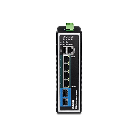 Schwarzer Industrial-Gigabit-PoE-Switch von TRENDnet mit sechs Ports und Status-LEDs auf weißem Grund.