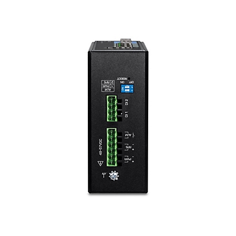 Industrieller Netzwerk-Switch mit Anschlüssen für Stromversorgung und Alarm, schwarzes Gehäuse, weiße Beschriftung.