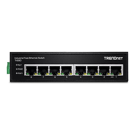 Schwarzer Ethernet-Switch von Trendnet. Beschriftung: Industrial Fast Ethernet Switch TI-E80. Acht Netzwerkanschlüsse und Kontrollleuchten.