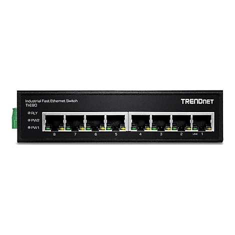Schwarzer Ethernet-Switch von TRENDnet mit acht Ports und LED-Anzeigen. Text: Industrial Fast Ethernet Switch.