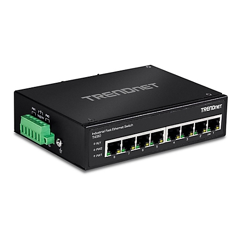 Schwarzer TRENDnet-Switch. Acht AnschlÃ¼sse, grÃ¼ne Klemmen, Modell TH380.