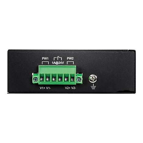 RÃ¼ckseite eines schwarzen elektronischen GerÃ¤ts mit grÃ¼nem Anschlussfeld und Beschriftung.