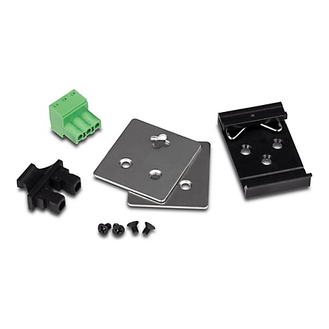 Eine Nahaufnahme von Hardware-Komponenten. Darunter grüne Klemmen, Metallplatten, eine schwarze Halterung und Schrauben.