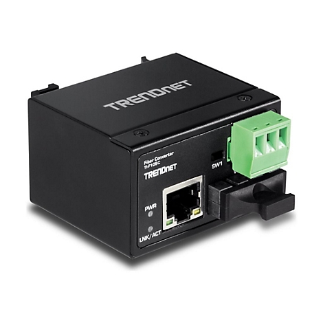 Schwarzer TRENDnet Fiber-Konverter TH-F10SC mit grünen Anschlüssen, einem Ethernet-Port und den Schriftzügen PWR und LNK/ACT.