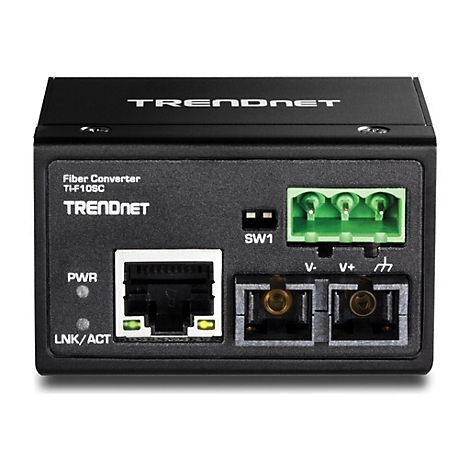 Schwarzer Trendnet Fiber Converter TI-F10SC. Text: PWR, LNK/ACT, SW1. Anschlüsse, Buchsen und grüne Klemmen sichtbar.