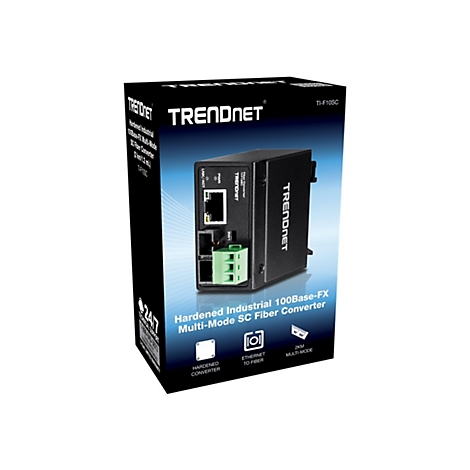 Ein schwarzer TRENDnet Konverter, auf der Verpackung sind technische Details abgebildet.