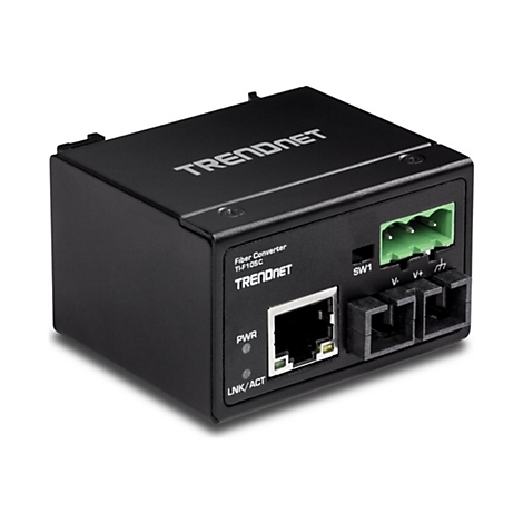 Schwarzer TRENDnet Fiber-Converter mit Anschlüssen und Beschriftung. Deutlich lesbar sind der Schriftzug TRENDnet, PWR und LNK/ACT.