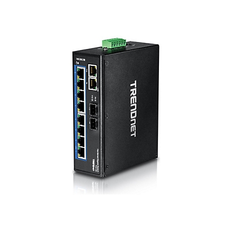 Ein schwarzer TRENDnet Netzwerk-Switch mit mehreren AnschlÃ¼ssen, beschriftet mit dem Markennamen. Oben ein grÃ¼ner Anschlussblock.