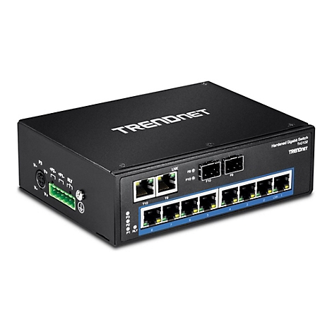 Schwarzer Netzwerk-Switch mit Trendnet-Logo und Beschriftungen. Auf der Vorderseite sind mehrere Ports und Anzeigen zu sehen.