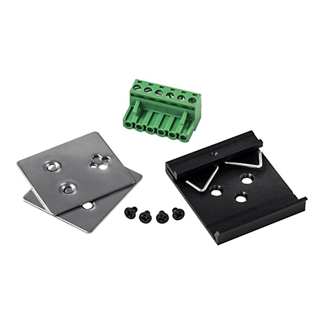 Verschiedene elektronische Komponenten: Klemmenblock, Halterung, Metallplatten, Schrauben.