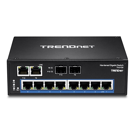 Schwarzer Netzwerkswitch von Trendnet, mit AnschlÃ¼ssen und Beschriftungen, gut erkennbar auf weiÃŸem Hintergrund.