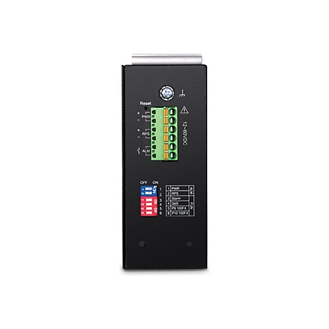 Schwarzes elektronisches Gerät, Detailansicht der Rückseite mit Anschlüssen, Schaltern und Beschriftungen wie Reset, PWR, RPS, ALM und 12-60VDC.