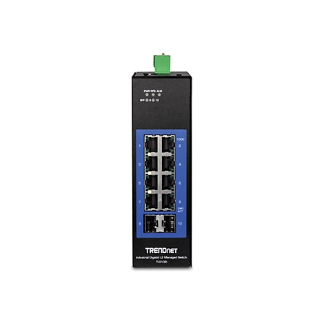 Ein schwarzer Netzwerk-Switch mit Anschlüssen, Anzeigen und der Aufschrift TRENDnet.