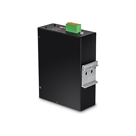 Schwarzes elektronisches Gerät mit grünen Anschlussklemmen und Halterung.