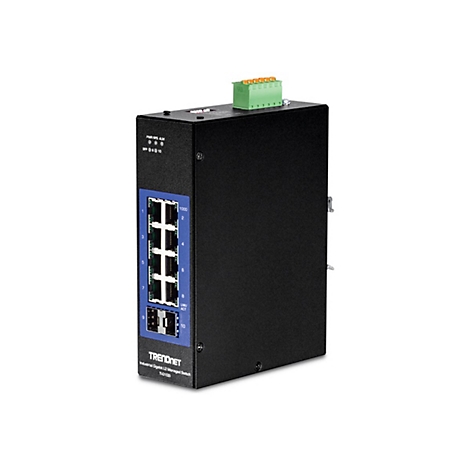 Schwarzer Netzwerk-Switch mit blauen Ports und grünen Anschlüssen, weißer Hintergrund.